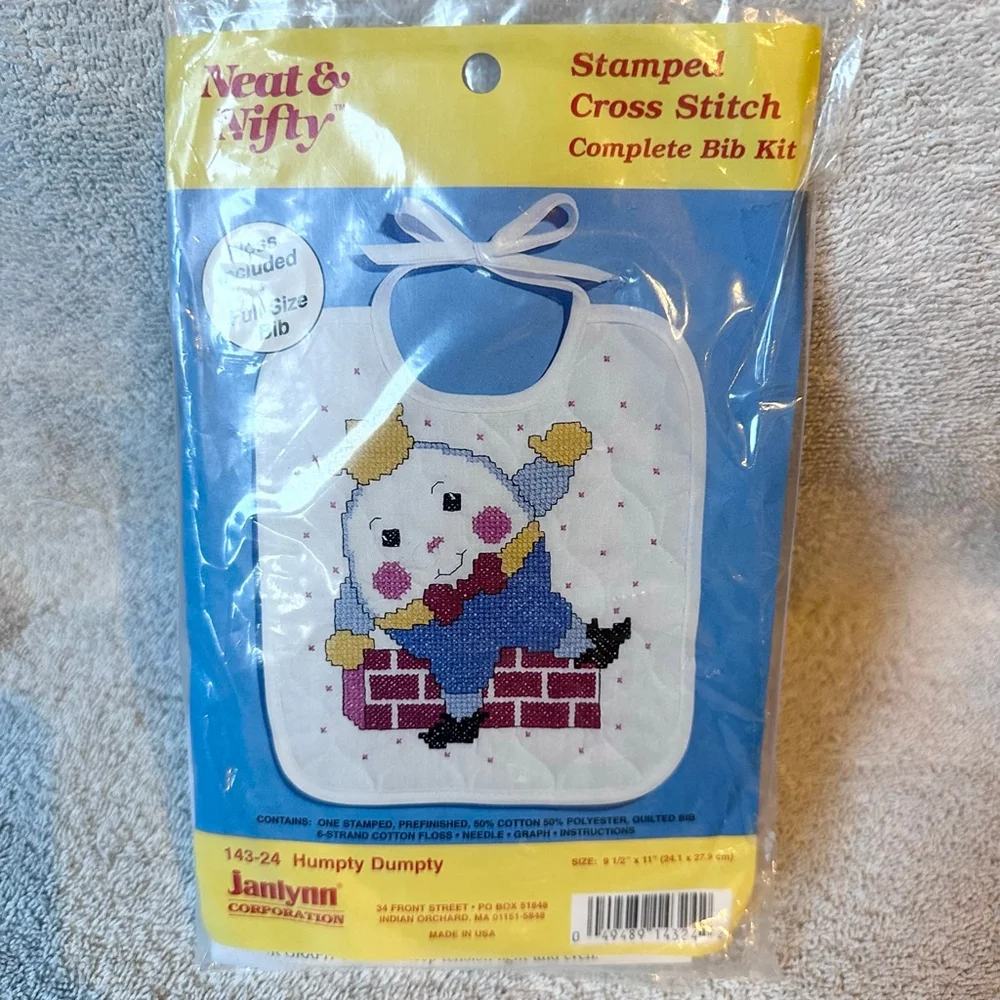 NOS Vintage Janlynn Neat & Nifty Stamped Cross Stitch Baby Bib Kit Humpty Dumpty